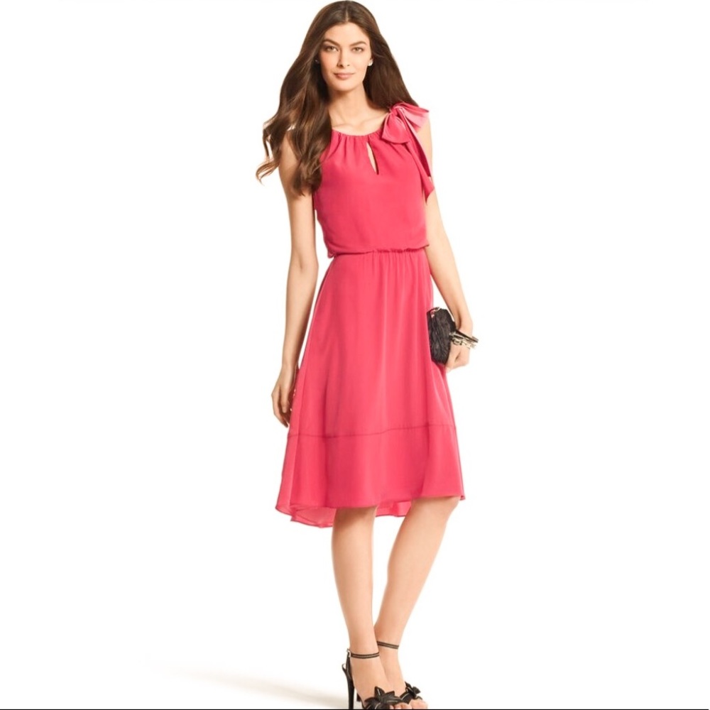 White House Black Market Tie Shoulder Blouson Crepe Barbie Pink Midi Tea Dress